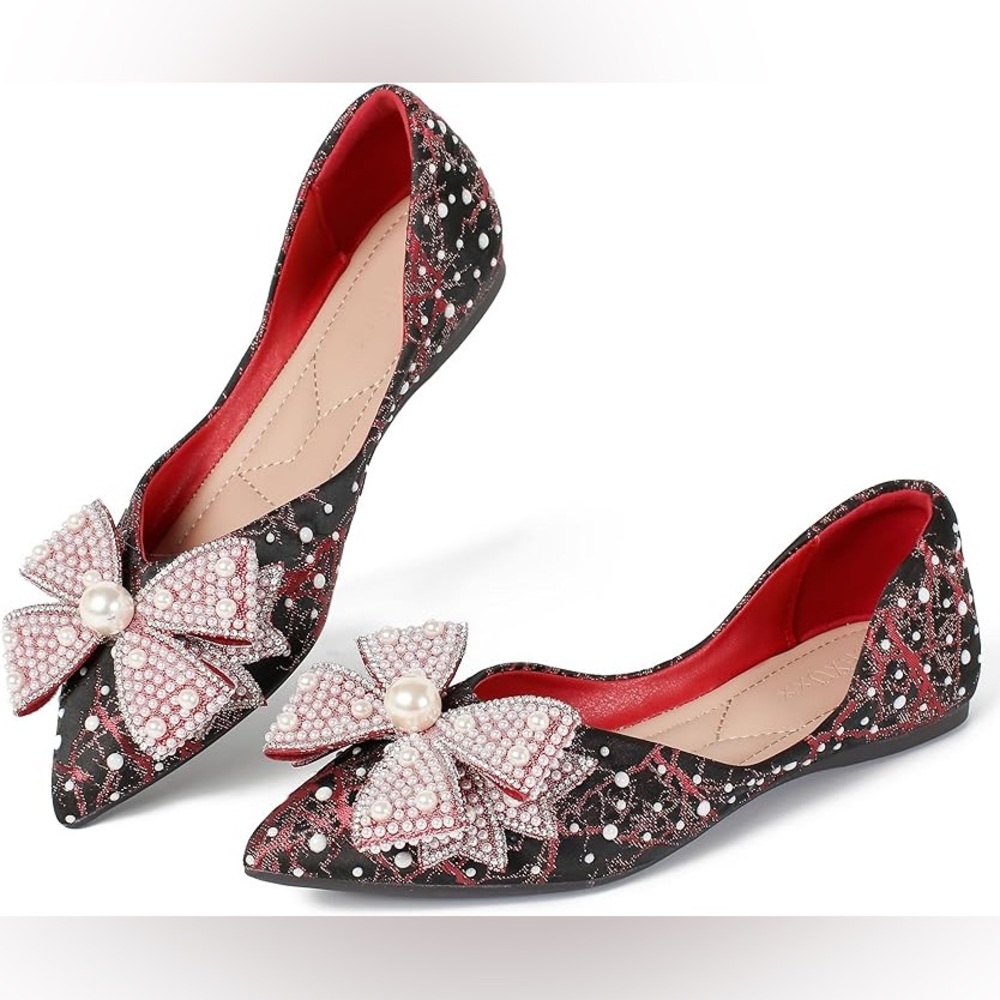 Festive Black and Red Women's Flats with Bow